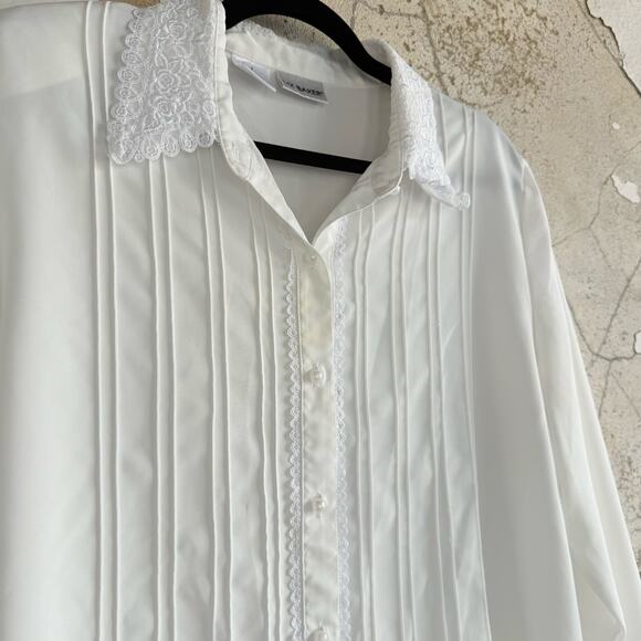 Vintage Pintuck Blouse Lace Collar Tuxedo Shirt Liz Baker Womens 14 Romantic Top - Picture 7 of 8
